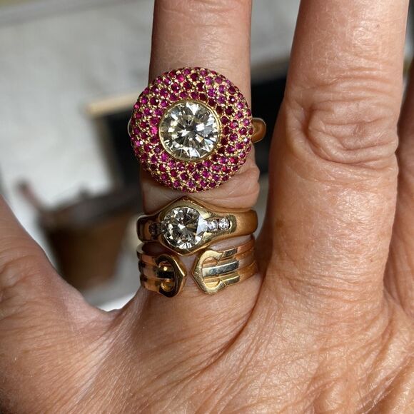 2.10 Carat Diamond Solitaire with 138 Rubies 18KYG Halo Ring - Picture 7 of 13
